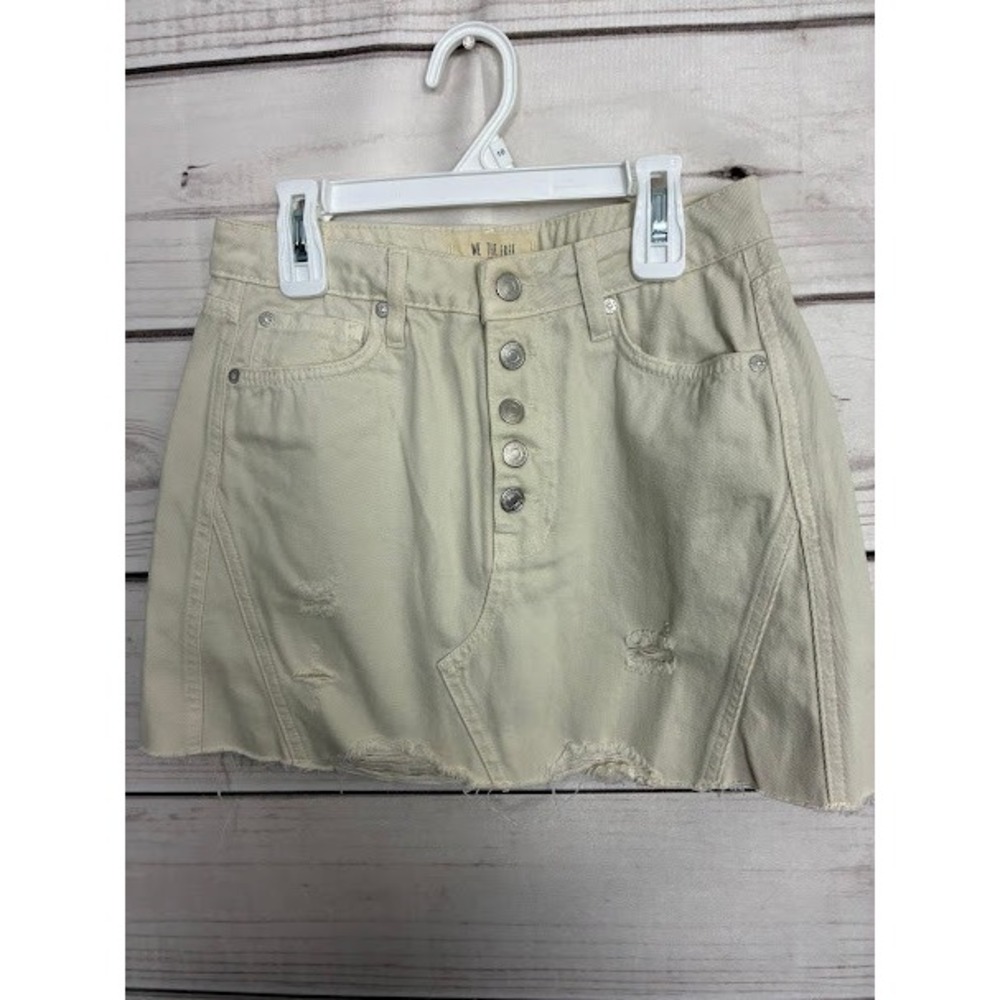 We The Free Free People Cream Distressed Denim Mini Skirt Button Fly Size 27 - Picture 1 of 6